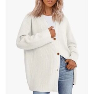 White Knit Cardigan Sweater Womens Small V Neck Button Ribbed Knit Oversized NEW